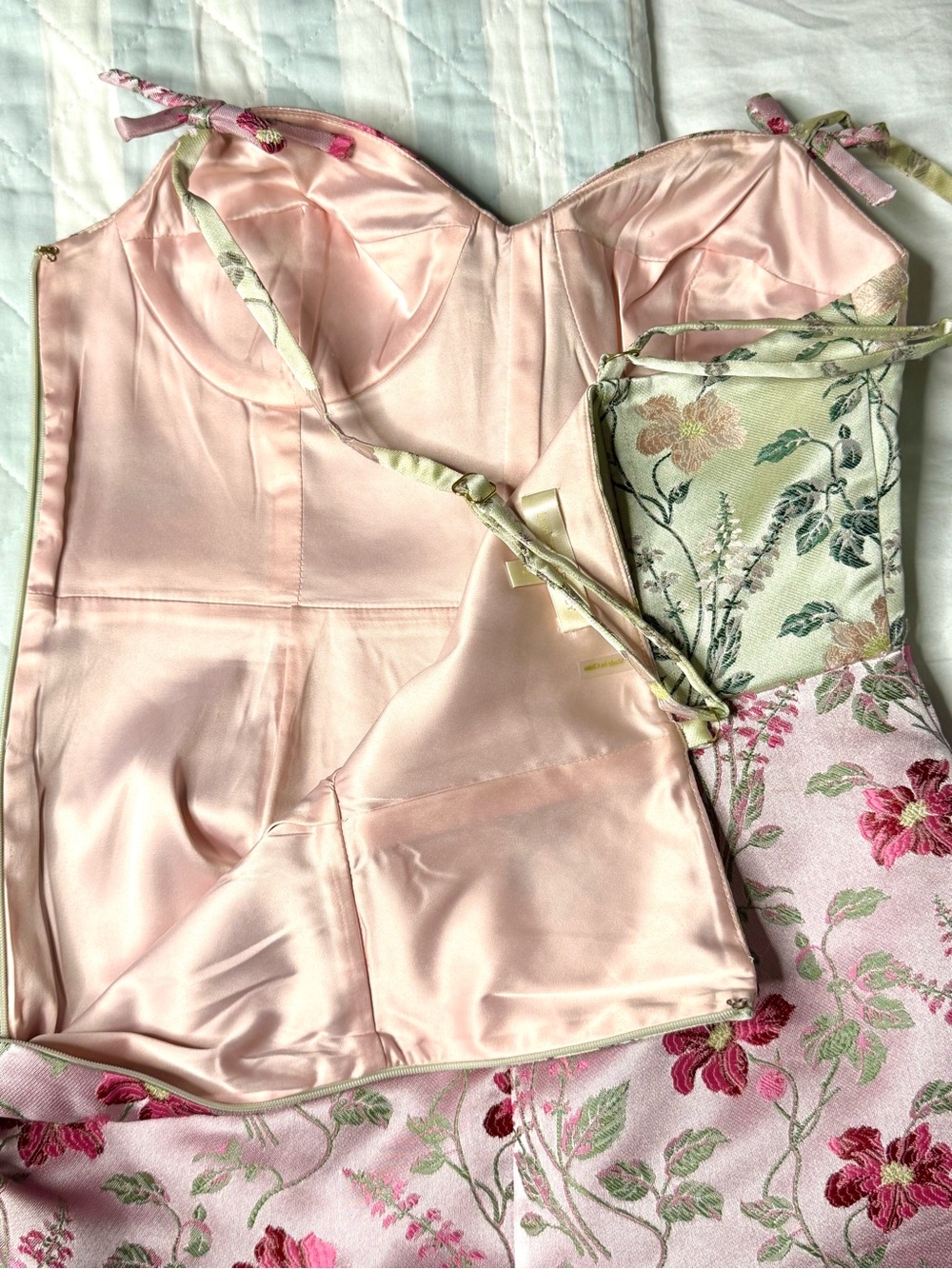 LoveShackFancy Floral Jacquard Bustier Midi Dress Pink Green Ivory Bow Strap 2 - Picture 6 of 12